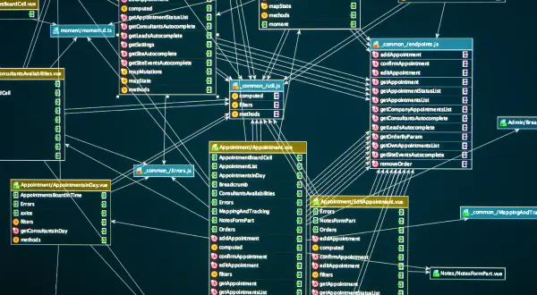 Diagram zależności komponentów w ramach web framework. Widoczne pliki .vue i .js z nazwami funkcji i metod.