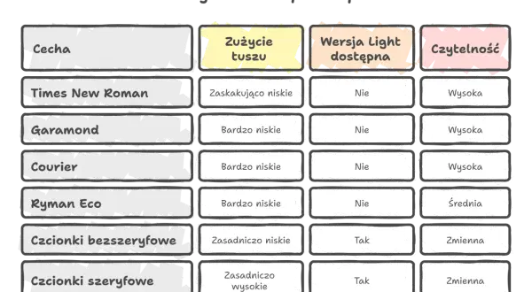 Porównanie zużycia tonera przez czcionki: Times New Roman, Garamond, Courier, Ryman Eco, bezszeryfowe i szeryfowe. Ciekawa czcionka wpływa na czytelność i zużycie tuszu.