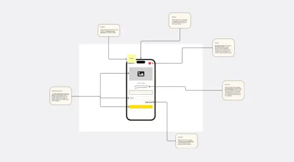 Wireframe co to? Schemat aplikacji mobilnej z opisem funkcji: dodawanie tekstu, emotikony, kształty, narzędzie pióro.