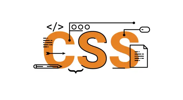 Grafika z napisem CSS, symbolami kodu, ołówkiem i dokumentem. Ilustruje tworzenie stron i **css pozycjonowanie**.