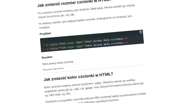 Przykład zmiany rozmiaru czcionki w HTML: tekst pisany dużą czcionką (18px) i małą czcionką (12px).