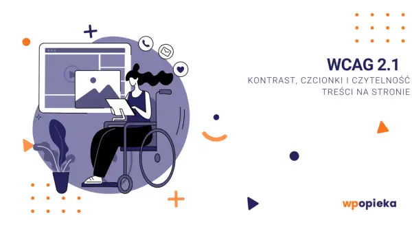Ilustracja przedstawia kobietę na wózku inwalidzkim pracującą przy komputerze, symbolizującą **przekształcanie tekstu** i dostępność cyfrową.