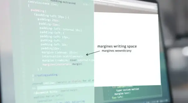 Kod CSS z definicjami marginesów i paddingów. "Margin co to?" - to przestrzeń wokół elementu.