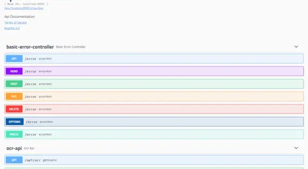 Dokumentacja API w Swaggerze. Widzisz tu endpointy dla "basic-error-controller" i "ocr-api", co to jest?