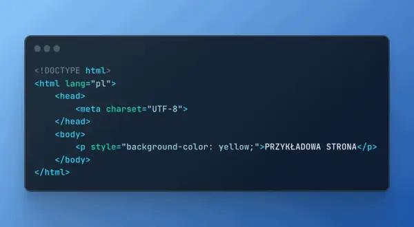 Kod HTML z elementem `<p>` stylizowanym za pomocą `tabela css` (właściwie inline CSS) dla żółtego tła.