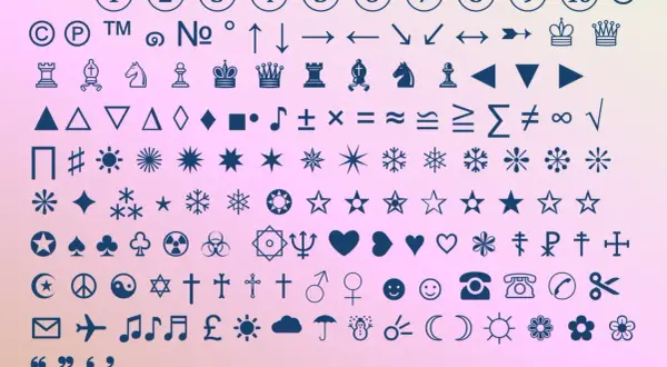 Zbiór znaków specjalnych: cyfry, symbole, figury geometryczne, nuty, krzyże, serca, telefony, emotikony i inne.