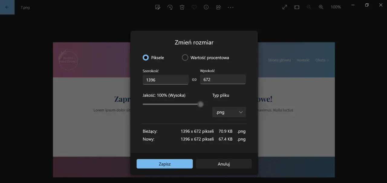Okno dialogowe "Zmień rozmiar" pozwala na zmianę pixeli zdjęcia, wpisując nowe wartości szerokości i wysokości.