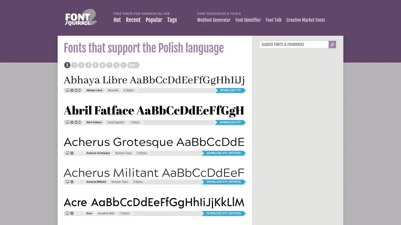 Strona Font Squirrel prezentuje czcionki wspierające język polski, w tym polskie znaki. Widać listę fontów: Abhaya Libre, Abril Fatface, Acherus Grotesque, Acherus Militant, Acre.