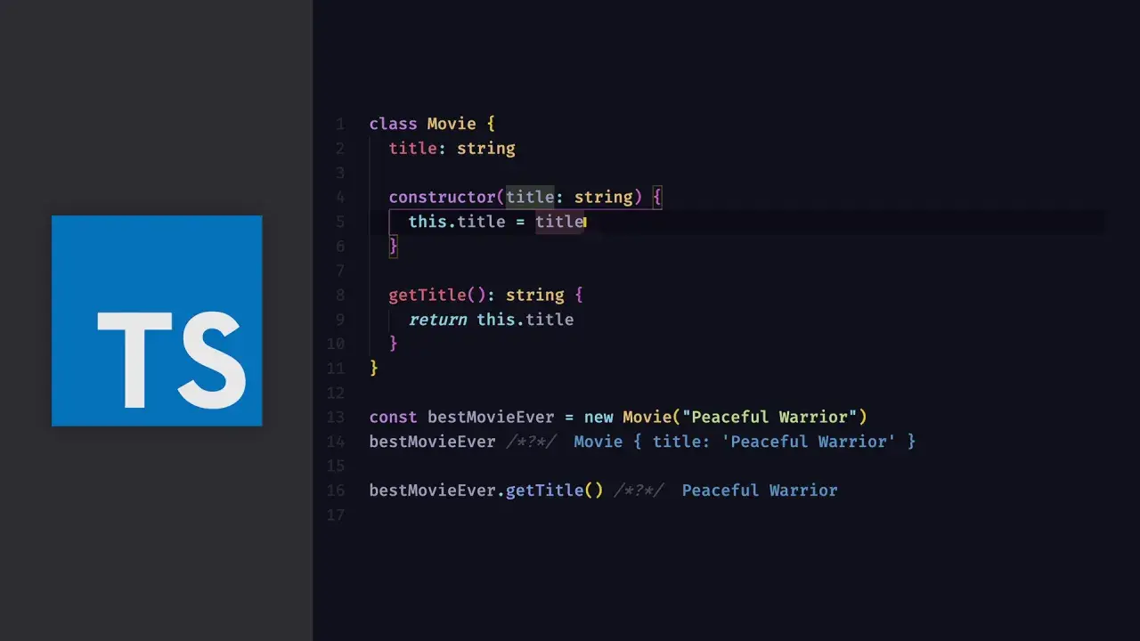 Kod TypeScript z klasą Movie, konstruktorem i metodą getTitle. Obok logo TypeScript. Użycie `js substring` w kontekście pobierania tytułu filmu.