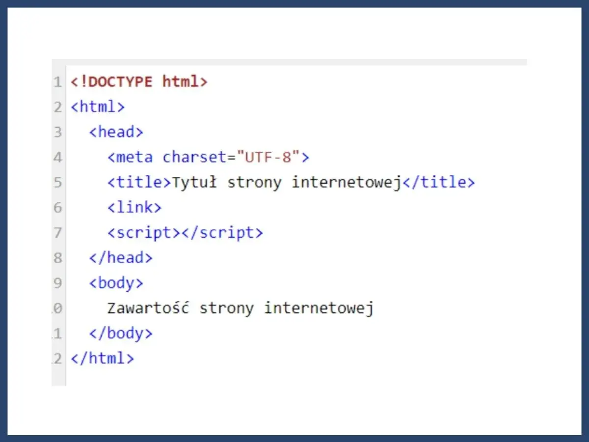 Fragment kodu HTML z podstawową strukturą strony: <!DOCTYPE html>, <html>, <head> z <title> i <body> z zawartością.