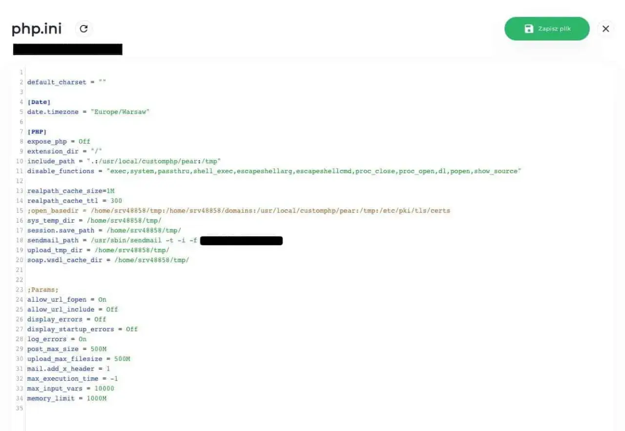 Konfiguracja php.ini z ustawieniami dla serwera, m.in. ścieżki, limity i opcje bezpieczeństwa.