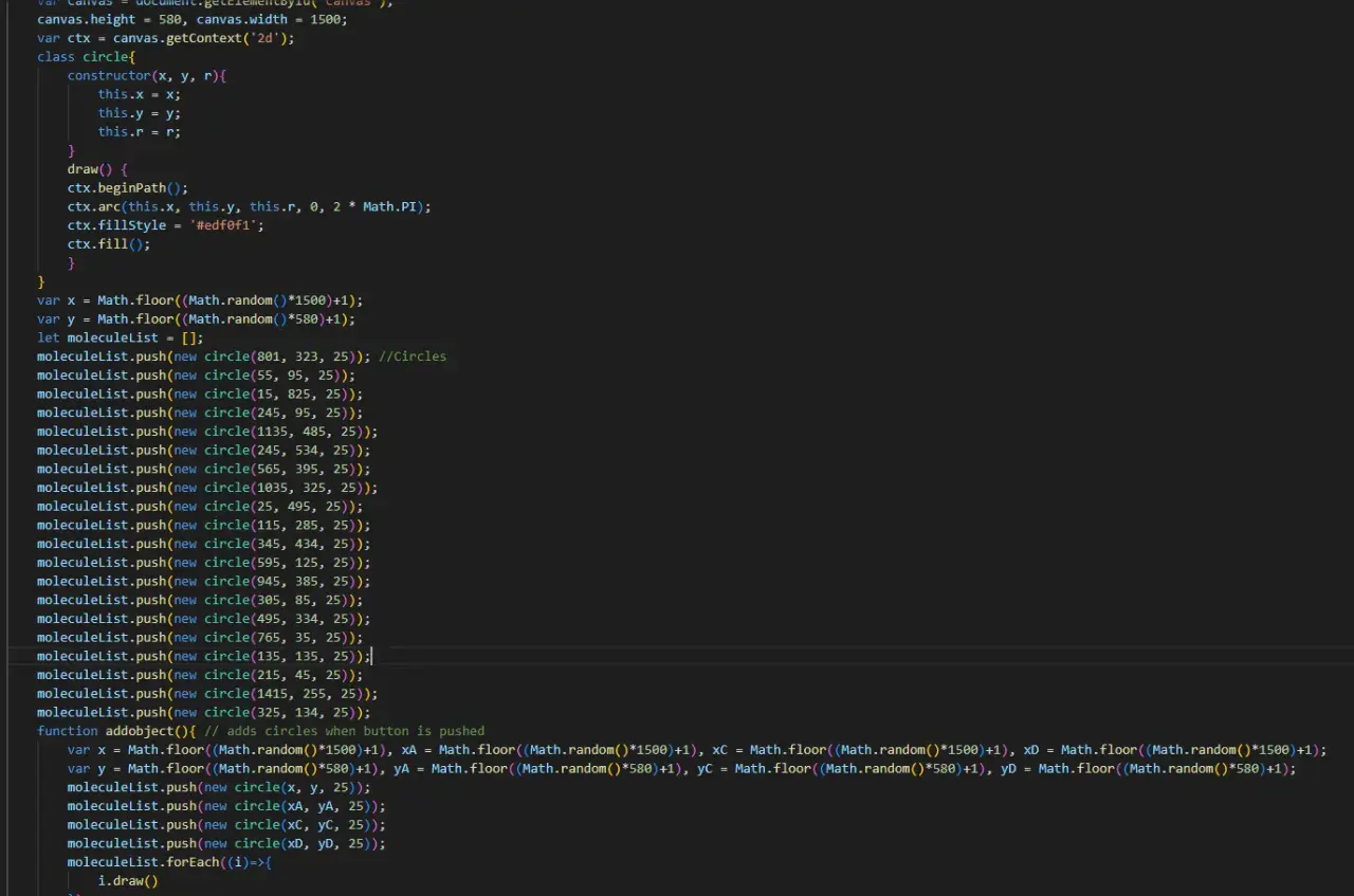 Kod JavaScript tworzący obiekty `circle` i dodający je do listy `moleculeList`. Funkcja `addobject` pozwala na dynamiczne `push` nowych kół.