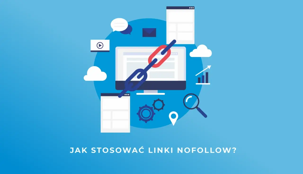 Grafika przedstawia komputer z ikonami symbolizującymi SEO i marketing cyfrowy. Centralnym elementem jest łańcuch, który może symbolizować linkowanie. Pytanie "JAK STOSOWAĆ LINKI NOFOLLOW?" sugeruje, że obraz dotyczy strategii linkowania.