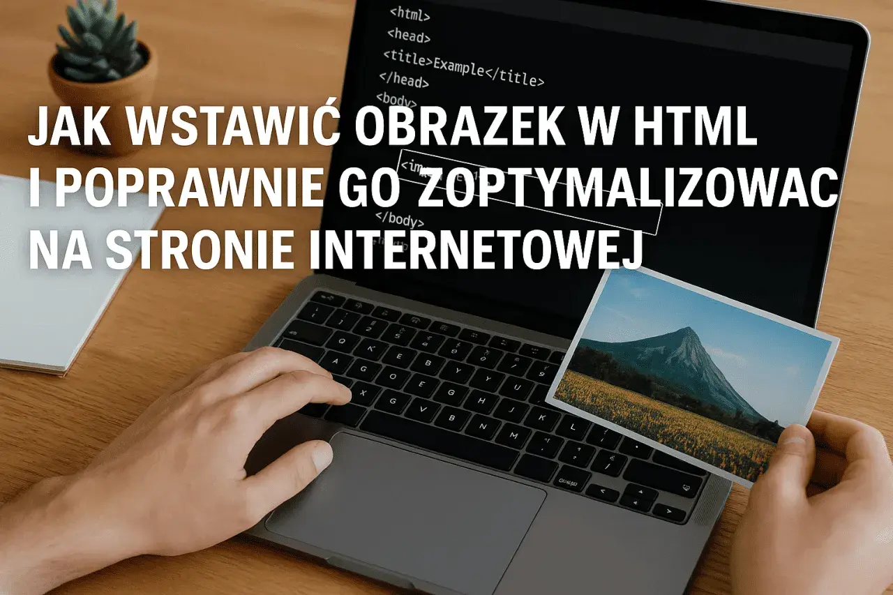 Ręce nad klawiaturą laptopa, na ekranie kod HTML, a w dłoni zdjęcie góry. Jak wstawić obrazek w HTML i poprawnie go zoptymalizować na stronie internetowej.