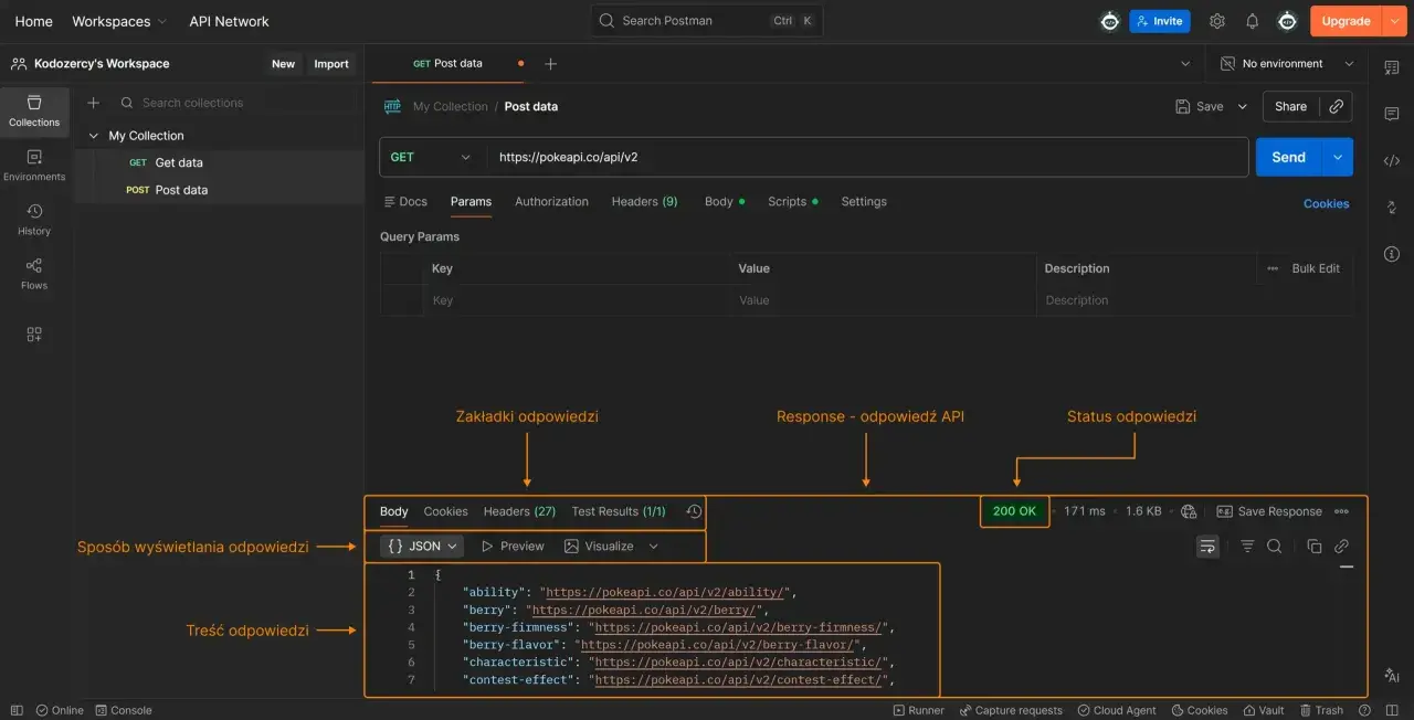 Postman API: widok interfejsu do testowania żądań HTTP, z widoczną odpowiedzią JSON i statusem 200 OK.