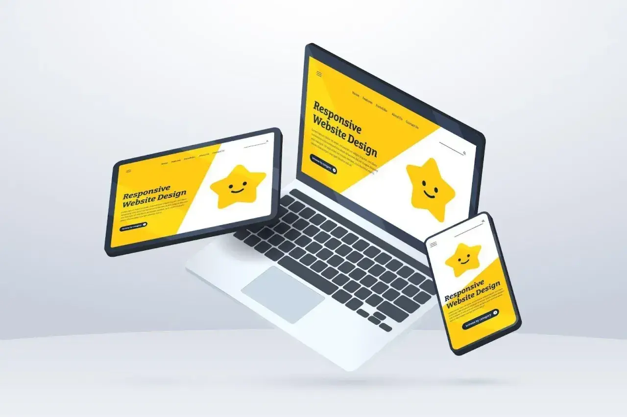 Laptop, tablet i smartfon prezentują projekt strony internetowej. Uśmiechnięta gwiazdka na żółtym tle.