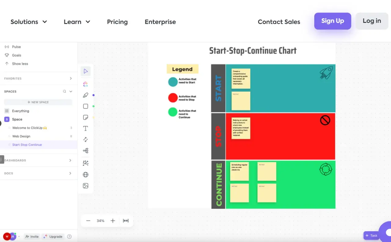 Start-Stop-Continue Chart z legendą i notatkami, elementem **stack technologiczny** w aplikacji ClickUp.