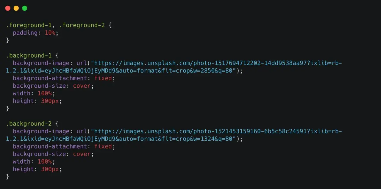 Kod CSS z dwoma elementami tła, oba z `background-attachment: fixed;` i `background-size: cover;`.