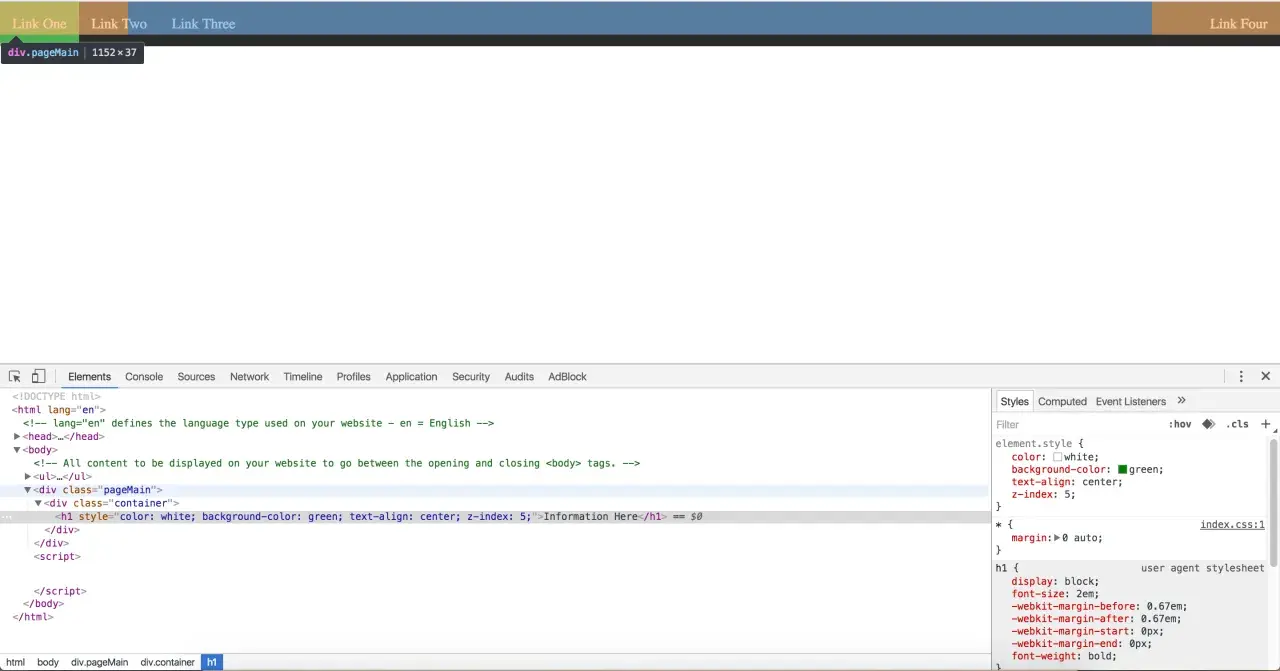 Kod HTML z narzędziami deweloperskimi. Widoczny jest element `div.pageMain` z `position fixed` w stylach.