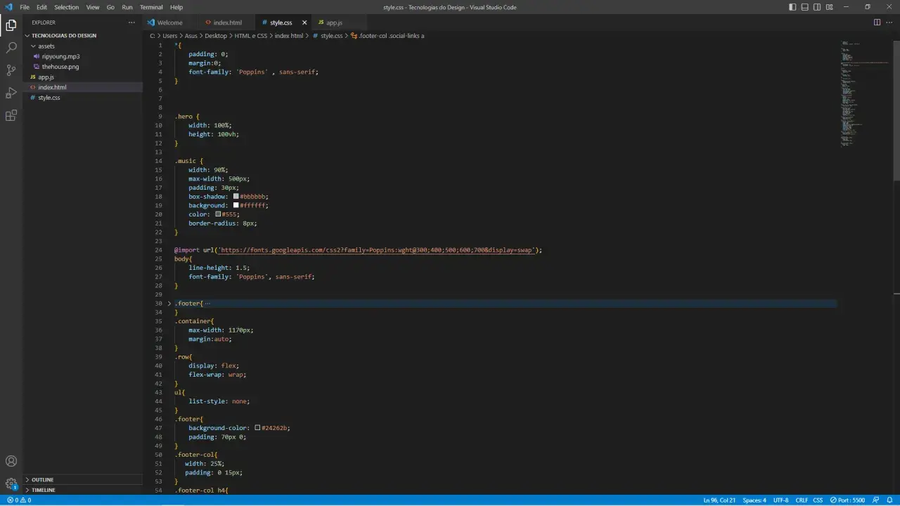 Kod CSS z importem czcionki 'Poppins' i stylami dla body, hero, music, footer.