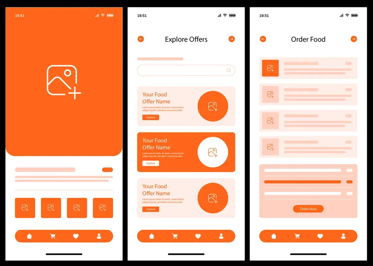 Przykłady layoutu aplikacji mobilnej: ekran główny z ikoną dodawania, przegląd ofert z opisami i przyciskiem "Explore", oraz ekran zamówienia jedzenia z listą produktów.