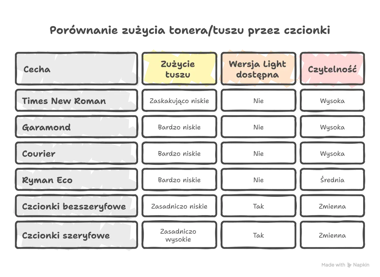Porównanie zużycia tonera przez czcionki: Times New Roman, Garamond, Courier, Ryman Eco, bezszeryfowe i szeryfowe. Ciekawa czcionka wpływa na czytelność i zużycie tuszu.