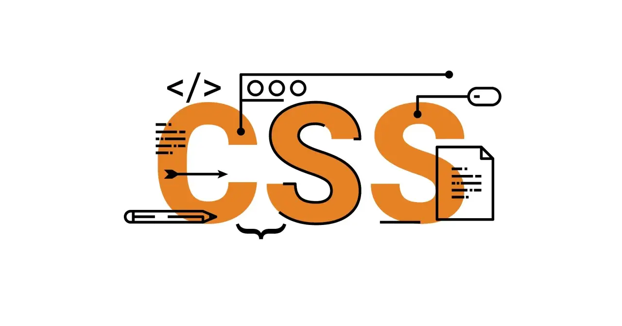 Grafika z napisem CSS, symbolami kodu, ołówkiem i dokumentem. Ilustruje tworzenie stron i **css pozycjonowanie**.