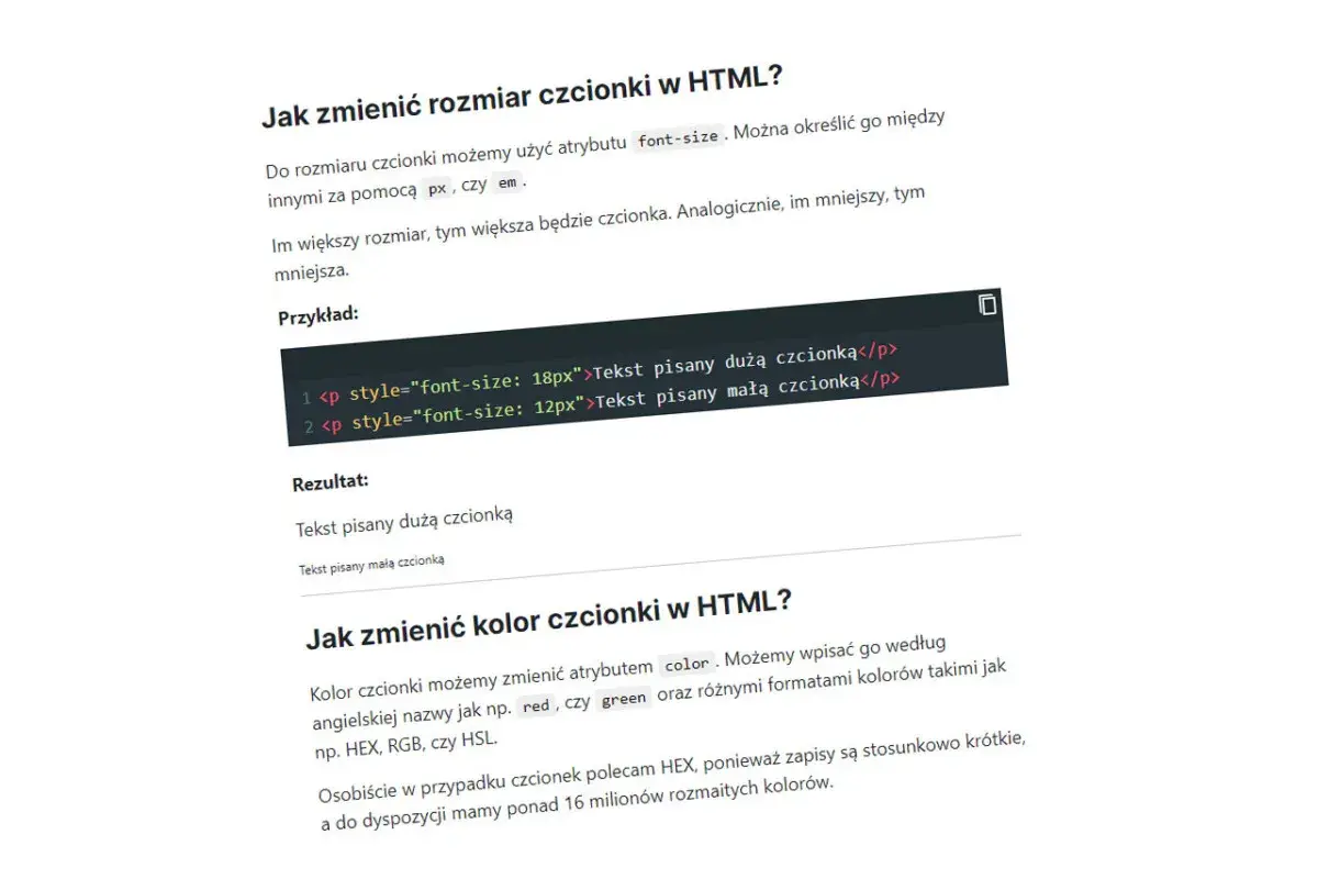 Przykład zmiany rozmiaru czcionki w HTML: tekst pisany dużą czcionką (18px) i małą czcionką (12px).