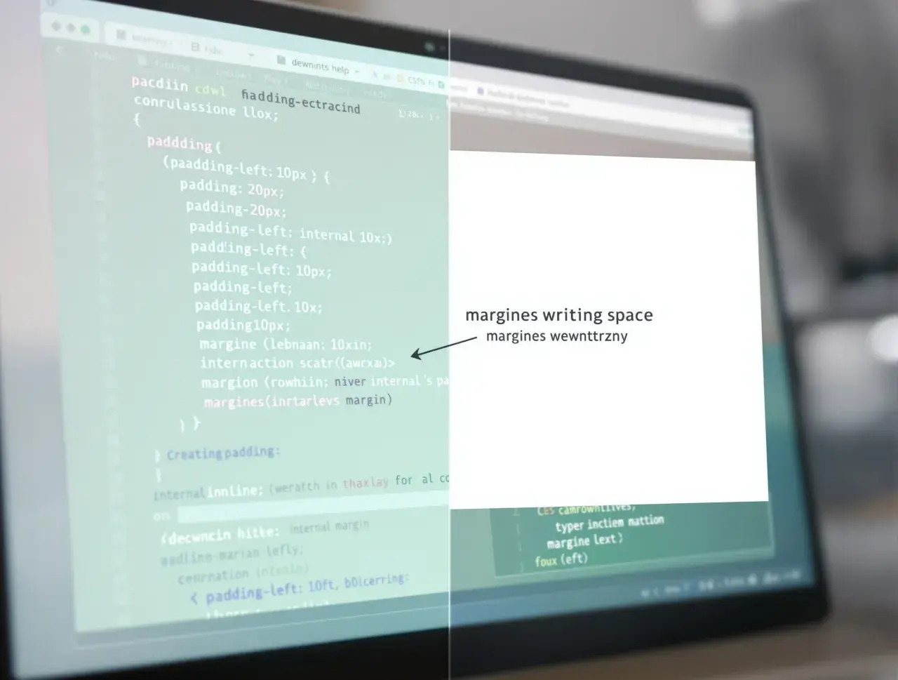 Kod CSS z definicjami marginesów i paddingów. "Margin co to?" - to przestrzeń wokół elementu.