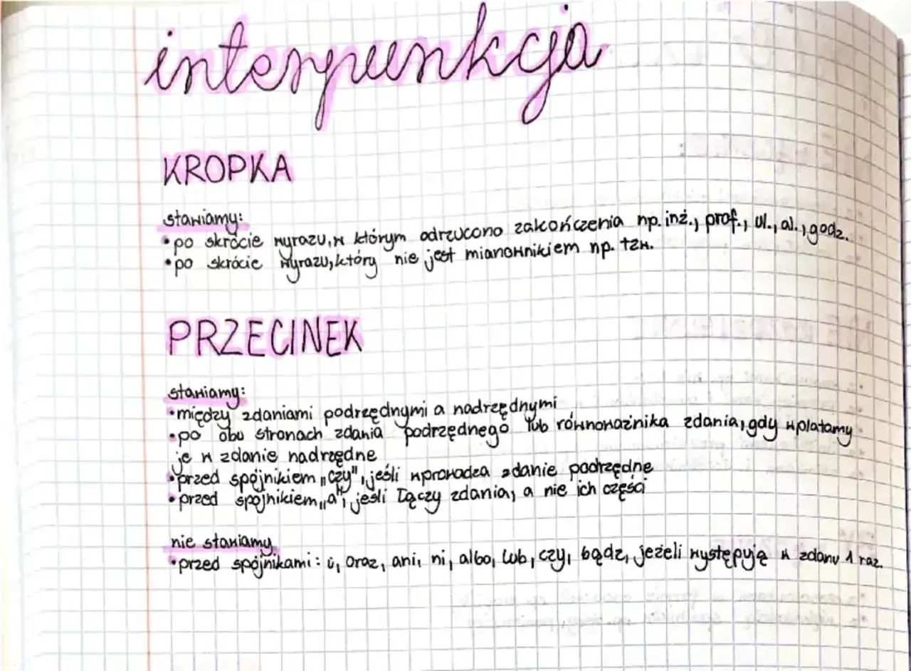 Zapisane zasady interpunkcji: kropka po skrótach, przecinek między zdaniami podrzędnymi i nadrzędnymi. Niewidzialny znak to przecinek przed spójnikami.