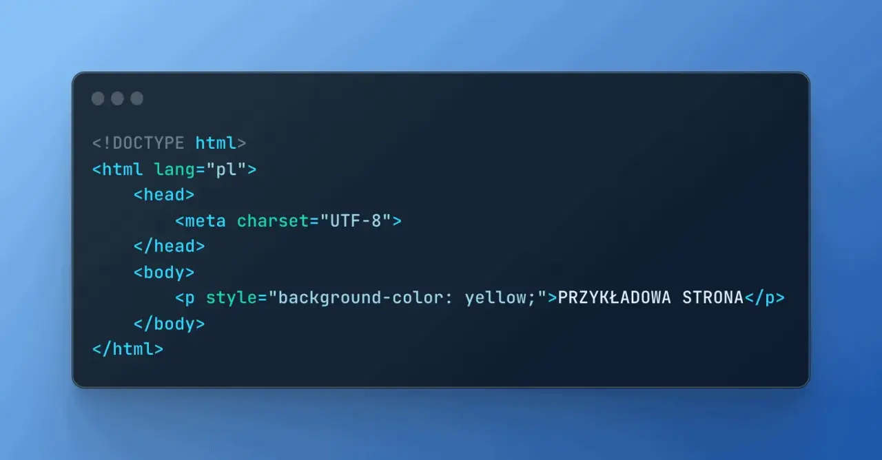 Kod HTML z elementem `<p>` stylizowanym za pomocą `tabela css` (właściwie inline CSS) dla żółtego tła.