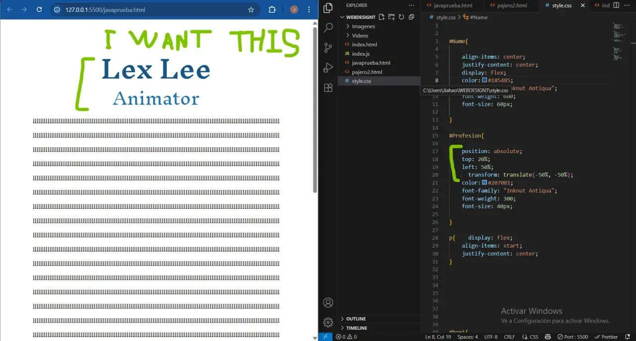 Kod CSS pokazuje, jak wyśrodkować tekst w HTML za pomocą flexbox i transformacji. Widoczny jest efekt na stronie.