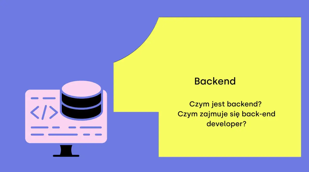 Ilustracja przedstawia ikonę komputera z bazą danych i kodem, symbolizującą backend development. Obok tekst: "Backend. Czym jest backend? Czym zajmuje się back-end developer?".