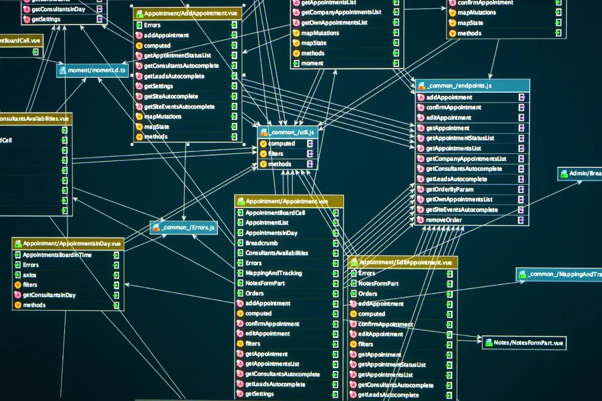 Diagram zależności komponentów w ramach web framework. Widoczne pliki .vue i .js z nazwami funkcji i metod.