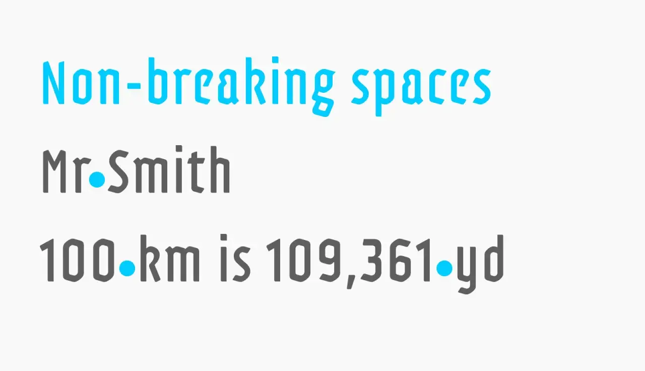 Non-breaking spaces: Mr. Smith, 100.km is 109,361.yd. Spacja inaczej, kt&oacute;ra nie pozwala na podział tekstu.