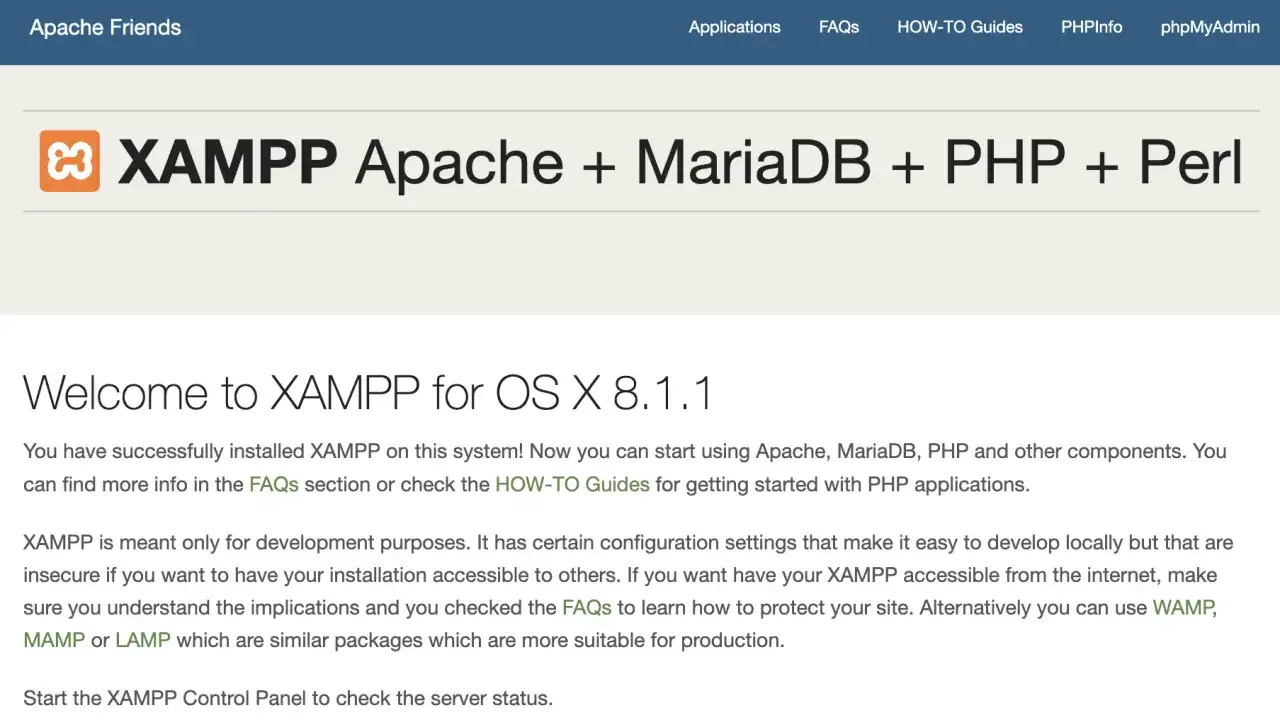 Strona powitalna XAMPP, wyjaśniająca co to jest XAMPP i jak zacząć pracę z Apache, MariaDB, PHP i Perlem.
