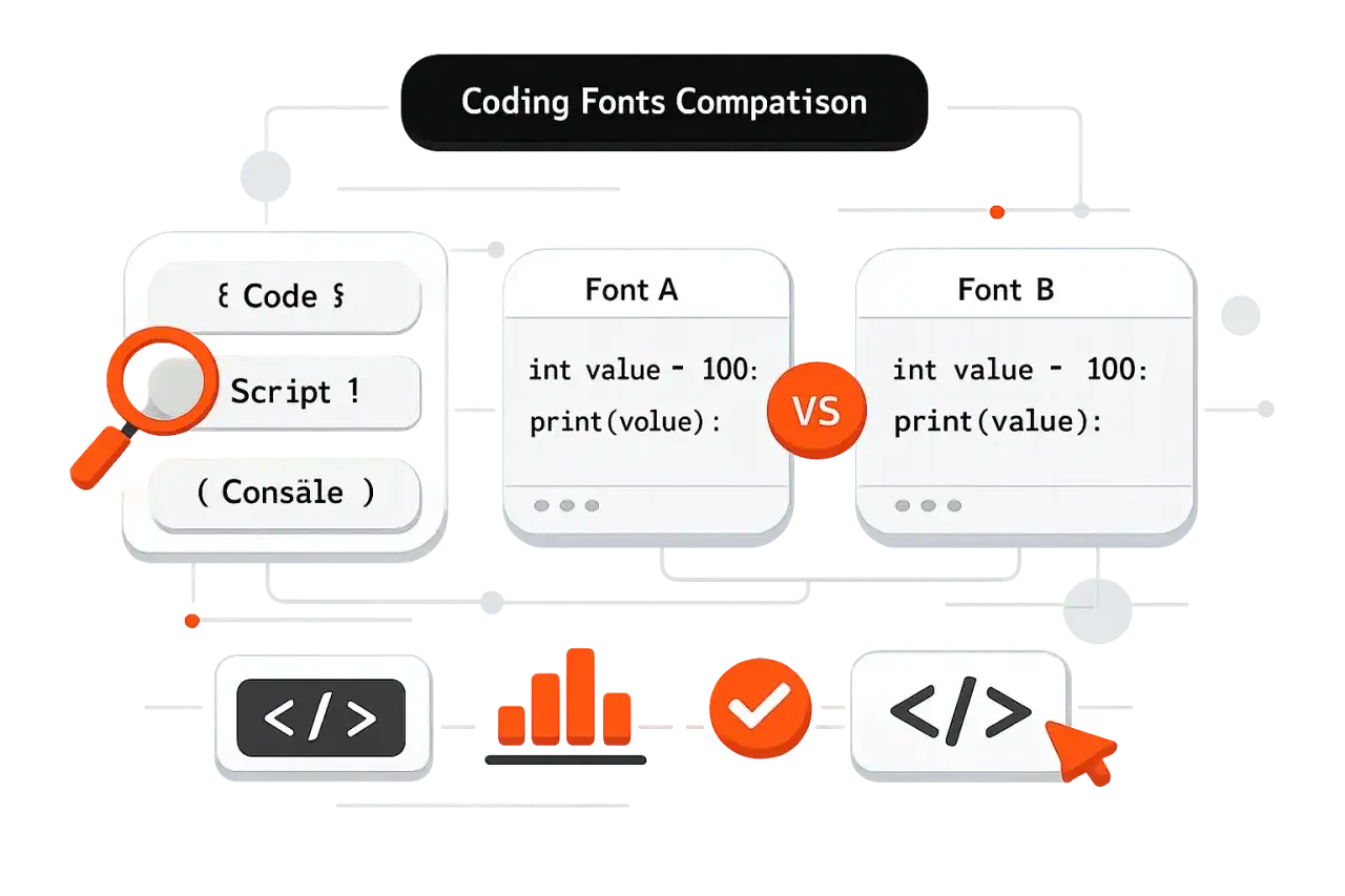 Por&oacute;wnanie font&oacute;w do kodowania: JetBrains Mono vs inne. Widok kodu, skryptu i konsoli.