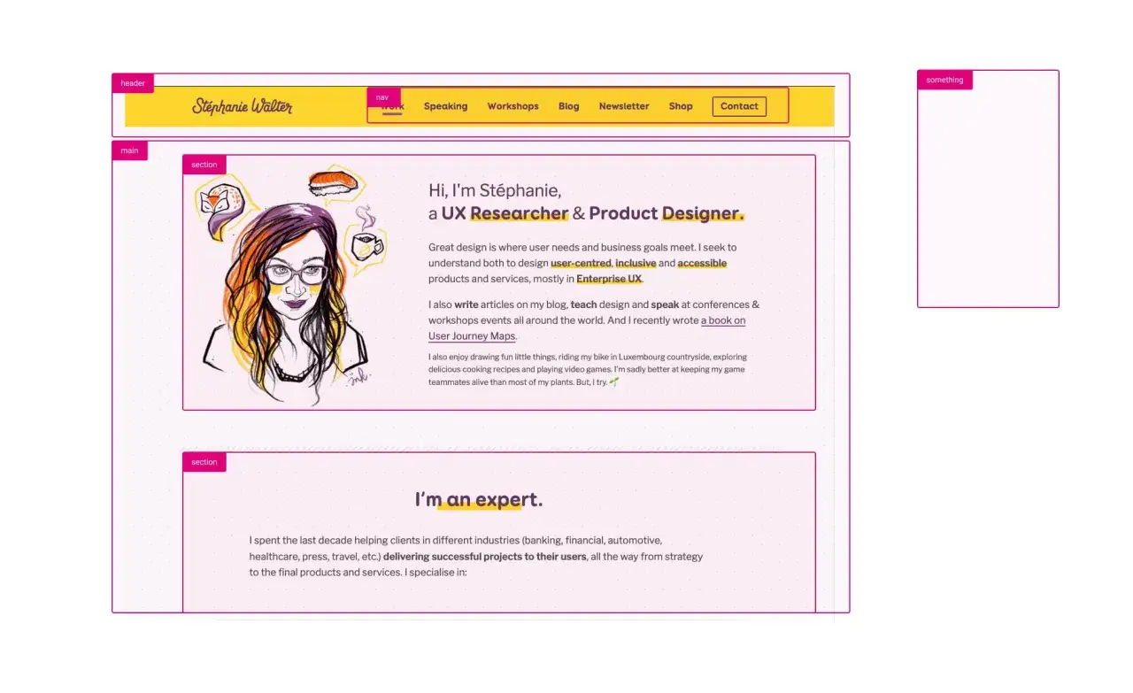 Ilustracja przedstawia kobietę z okularami, która myśli o lisku, sushi i kawie. To tekst alternatywny dla UX Researcher.