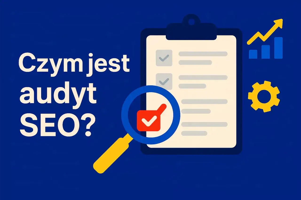 Grafika ilustruje audyt SEO, kluczowy element pozycjonowania stron internetowych. Widoczny jest dokument z listą zadań, lupa badająca element listy oraz wykres wzrostu.