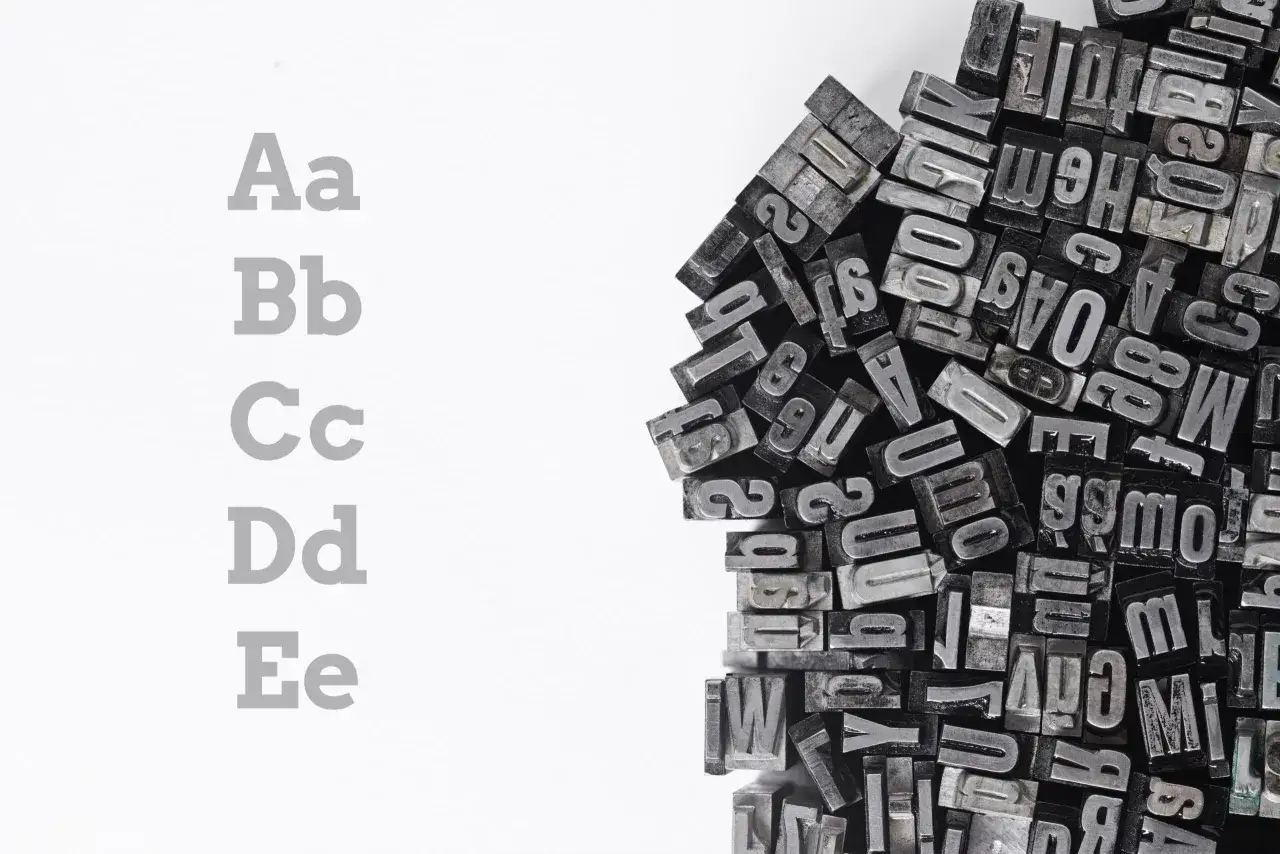 Metalowe czcionki, co to za litery? Obok nich Aa, Bb, Cc, Dd, Ee.