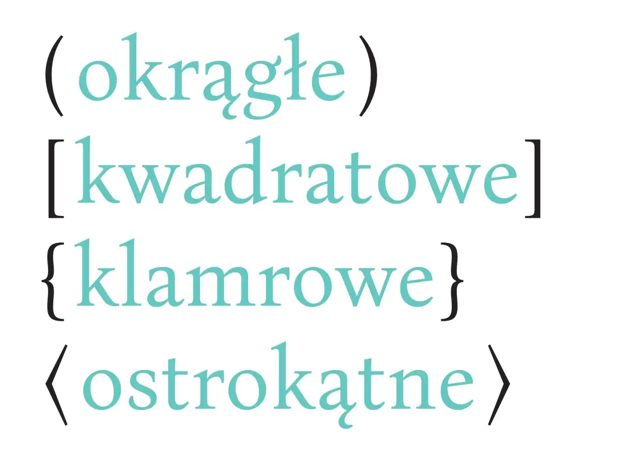 Różne rodzaje nawiasów: okrągłe, kwadratowe, klamrowe i ostrokątne, każdy z innym tekstem.
