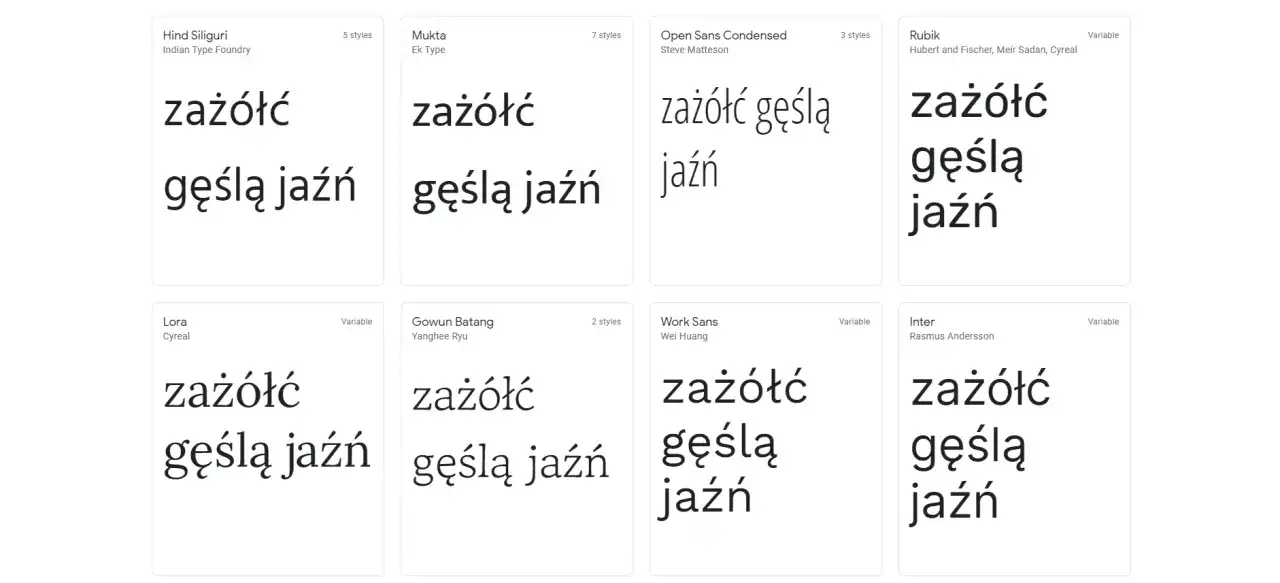 Różne kroje pisma prezentują polskie znaki: