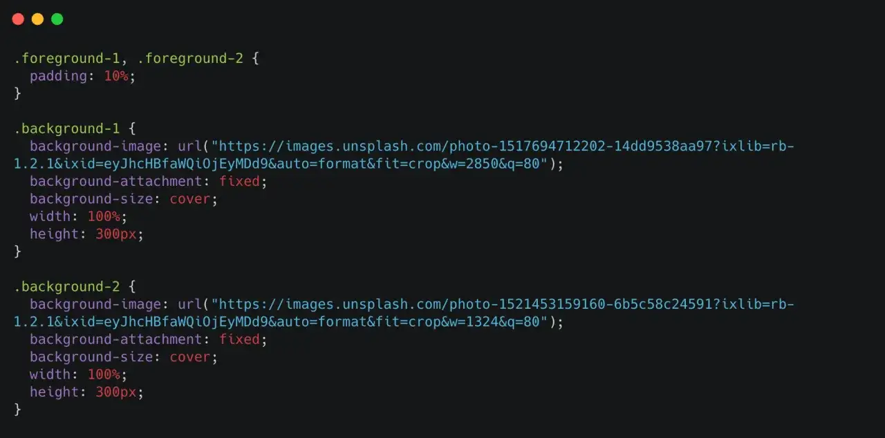 Kod CSS definiujący dwa tła: `.background-1` i `.background-2`. Oba mają `background-attachment: fixed;` i `background-size: cover;`.