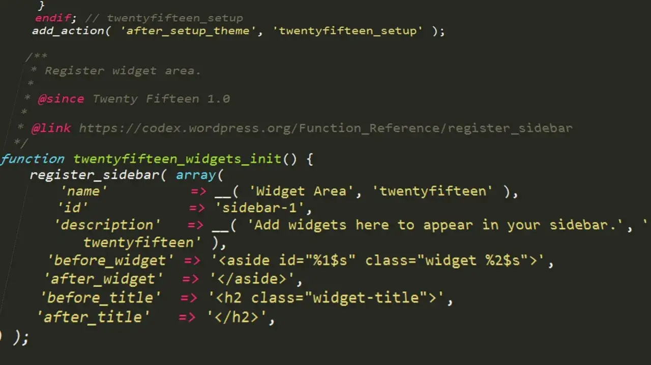 Kod PHP w HTML definiujący obszar boczny dla motywu Twenty Fifteen.