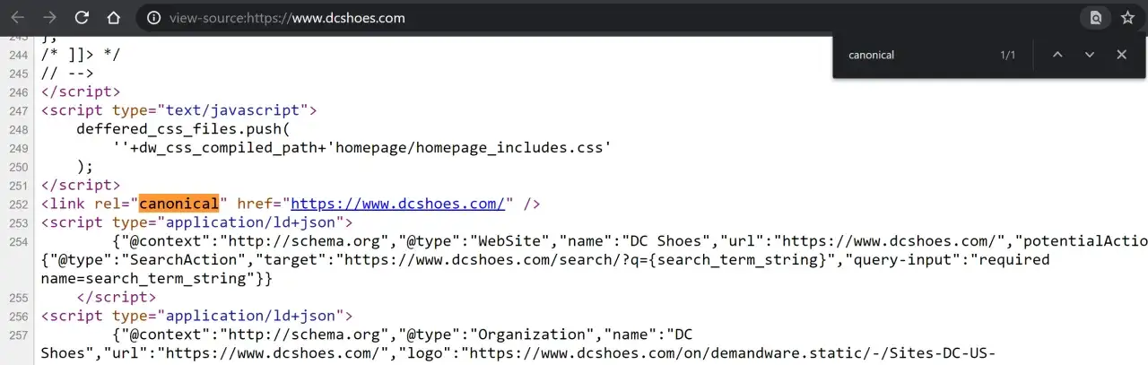 Kod źródłowy strony dcshoes.com zawiera tag link rel=