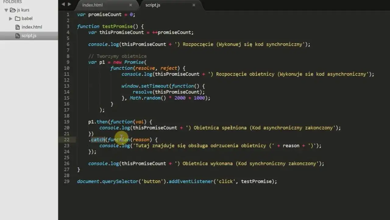 Kod JavaScript z obietnicami, idealny do nauki w ramach darmowy kurs javascript. Pokazuje obsługę kodu synchronicznego i asynchronicznego.