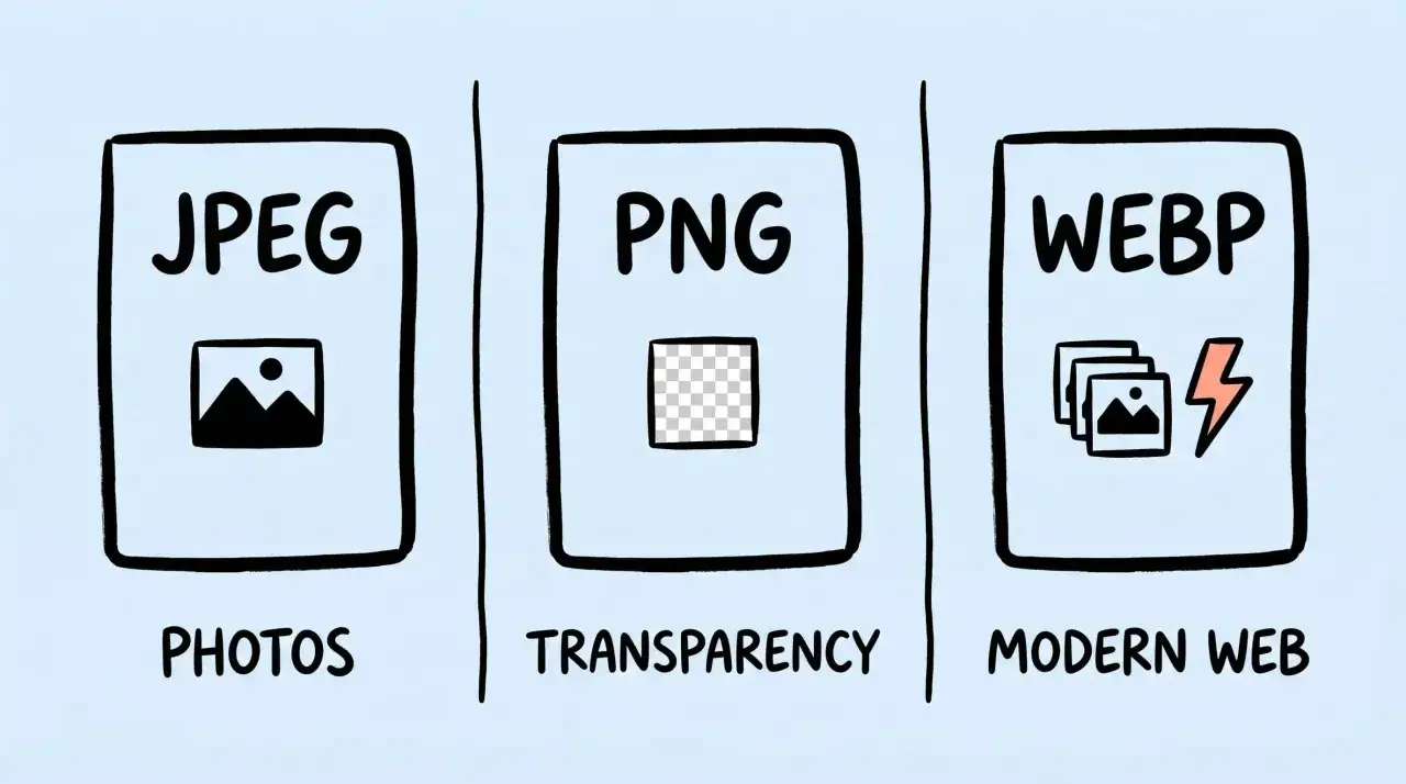 Grafika PNG z ikonami formatów: JPEG (zdjęcia), PNG (przezroczystość) i WEBP (nowoczesna sieć).
