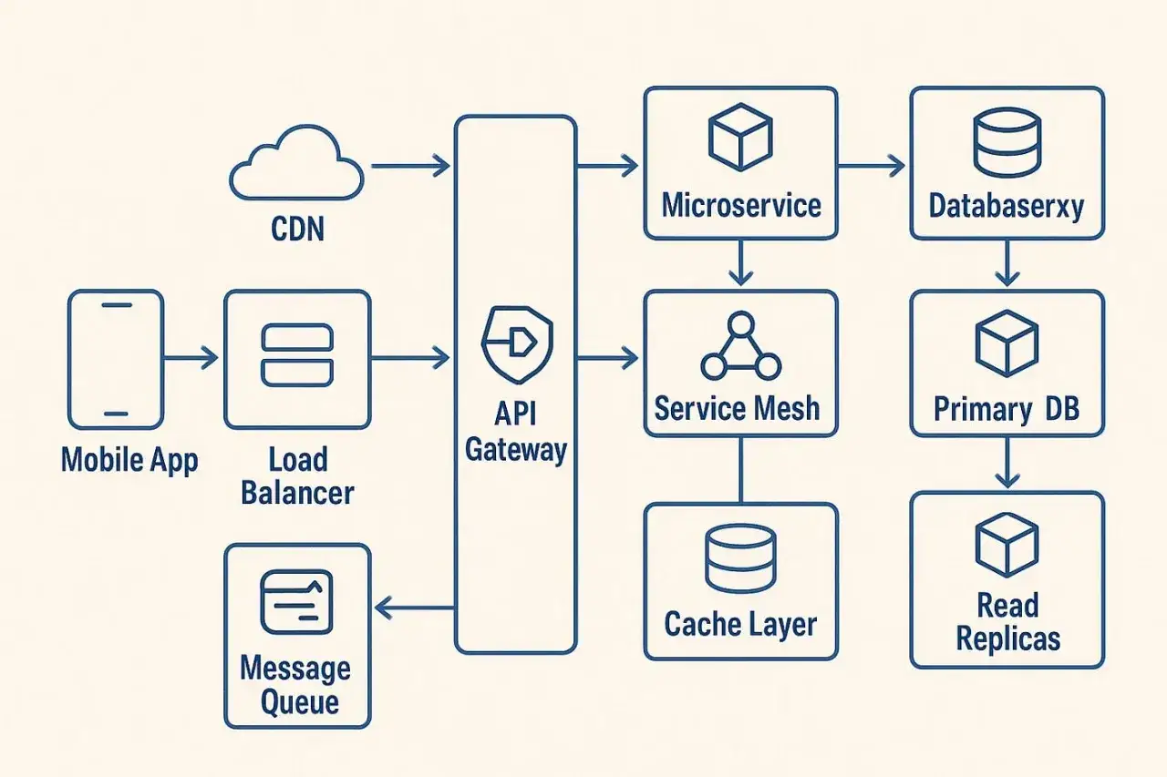 Schemat przedstawia złożony stos technologiczny: od aplikacji mobilnej, przez load balancer, API Gateway, microserwisy, aż po bazy danych i cache.