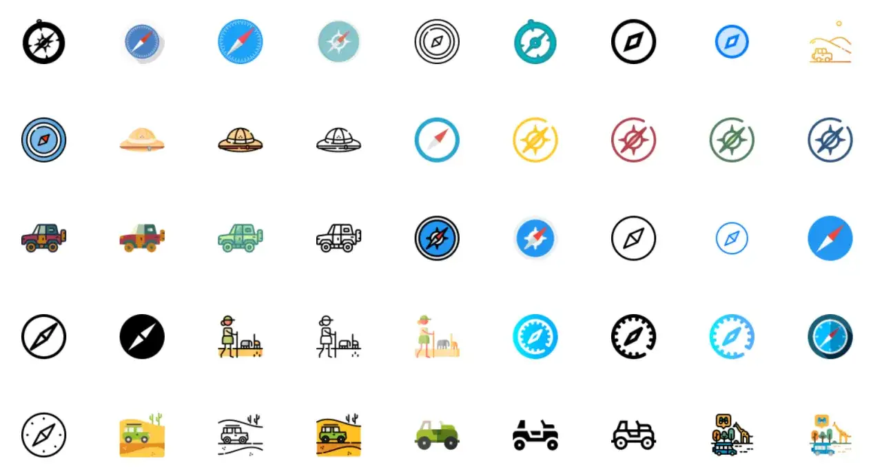 Zbi&oacute;r ikon: kompas&oacute;w, kapeluszy podr&oacute;żnika, samochod&oacute;w terenowych i scenek z safari. Każdy favicon svg to małe dzieło sztuki.