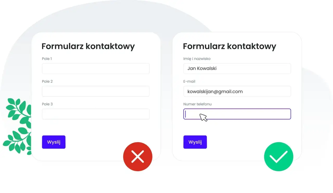 Formularz kontaktowy po prawej jest poprawnie wypełniony, zgodnie z zasadami WCAG. Po lewej formularz jest pusty.